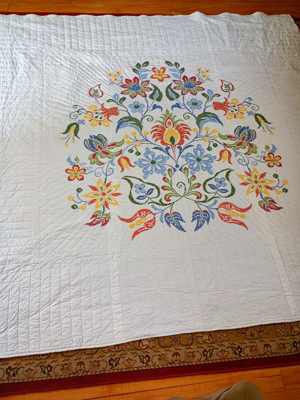 Vintage Hand Embroidered White Quilt Coverlet - Multi-Color